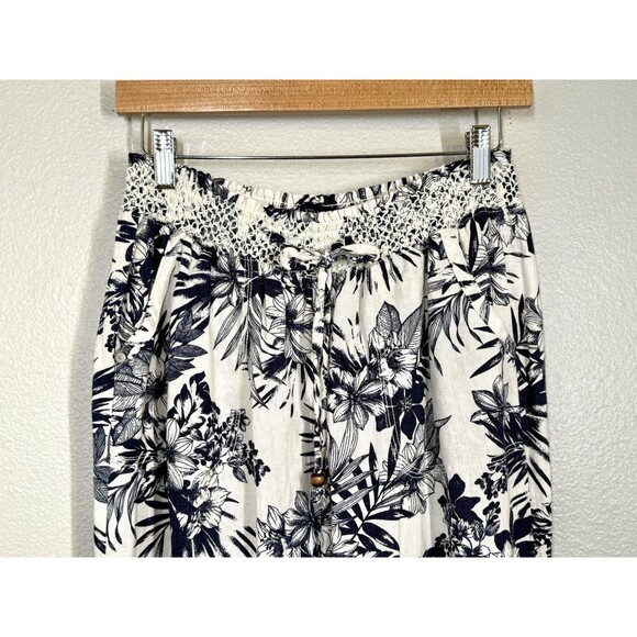 Beau Dawson Linen Blend Wide Leg Blue White Floral Pants Size L Beachy Coastal - Picture 4 of 14